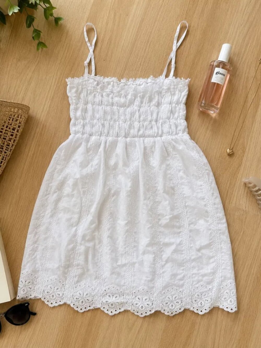 Haute Monde White Eyelet Smocked Mini Dress